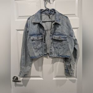 H&M Blue Jean Jacket with Cropped Style and Distressed Look